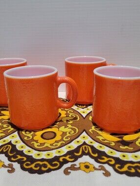 Vintage Hazel Atlas Orange Peel Texture MCM Retro Milk Glass Mugs Cups Set Of 4
